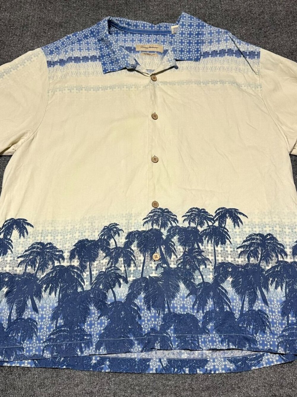 Tommy Bahama Shirt Mens XXL 2XL Blue Silk Geometric‎ Palm Trees Button Up